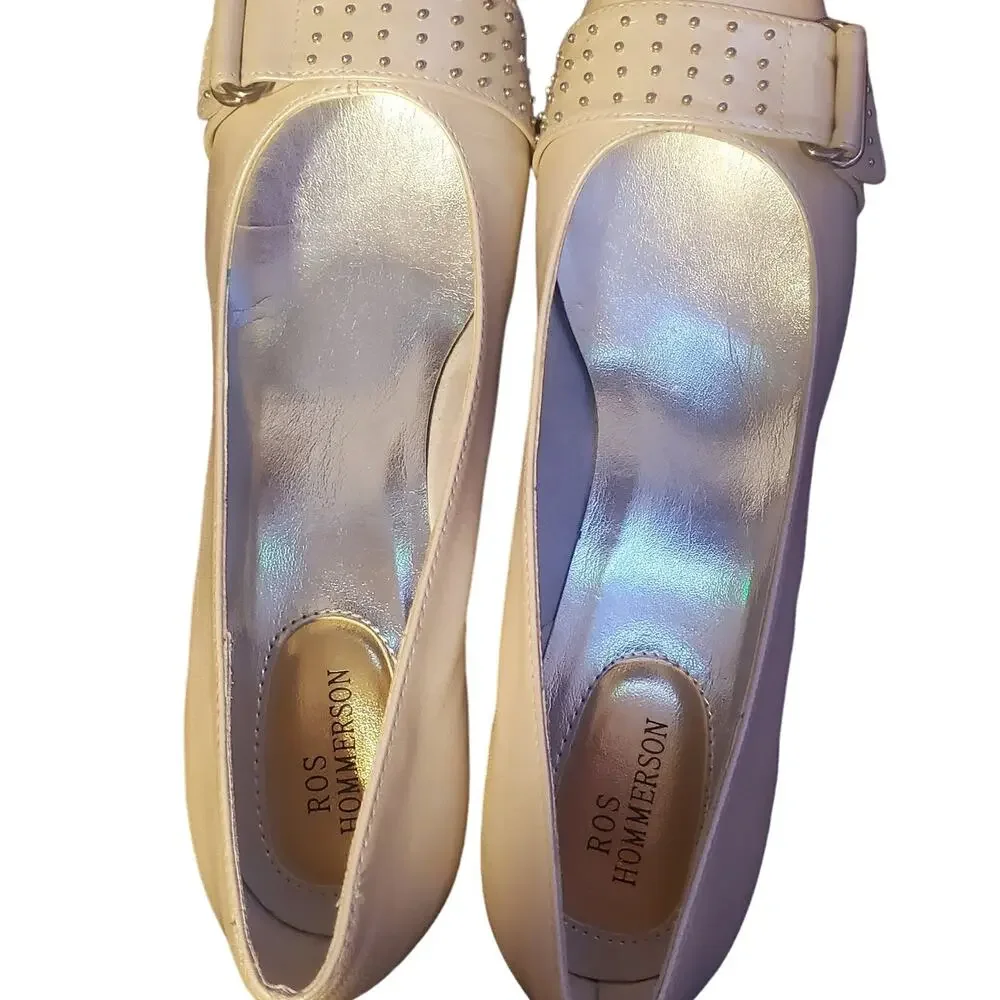 ROS HOMMERSON Size 7.5N Narrow Berry Nappa Leather in Bone Low Heel Pumps FLAW
